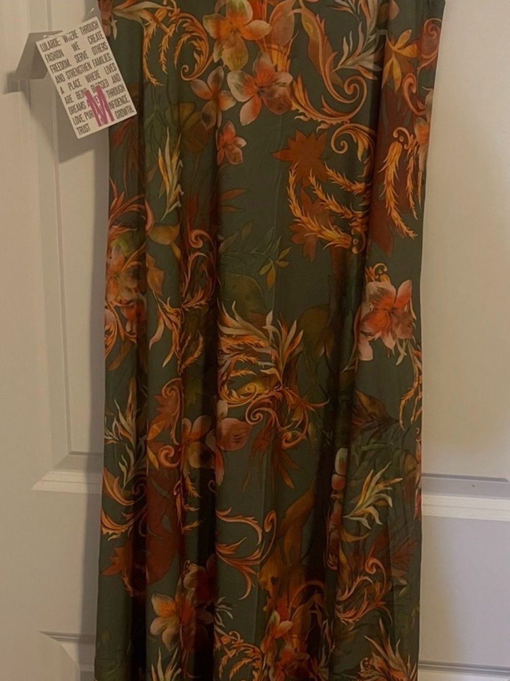 LuLaRoe Olive Maxi Skirt with Rust Floral Print